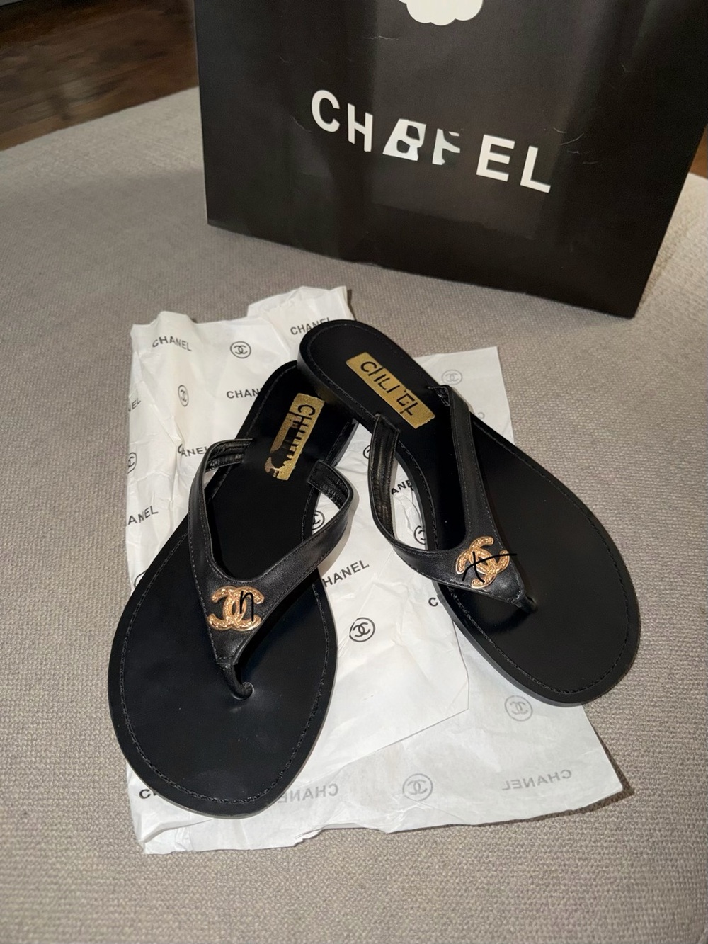 Black Leather Thong Sandals with Gold CC Accent